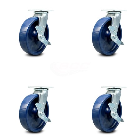 Service Caster 8 Inch Solid Polyurethane Swivel Caster Set with Ball Bearings and Brakes SCC SCC-30CS820-SPUB-TLB-4